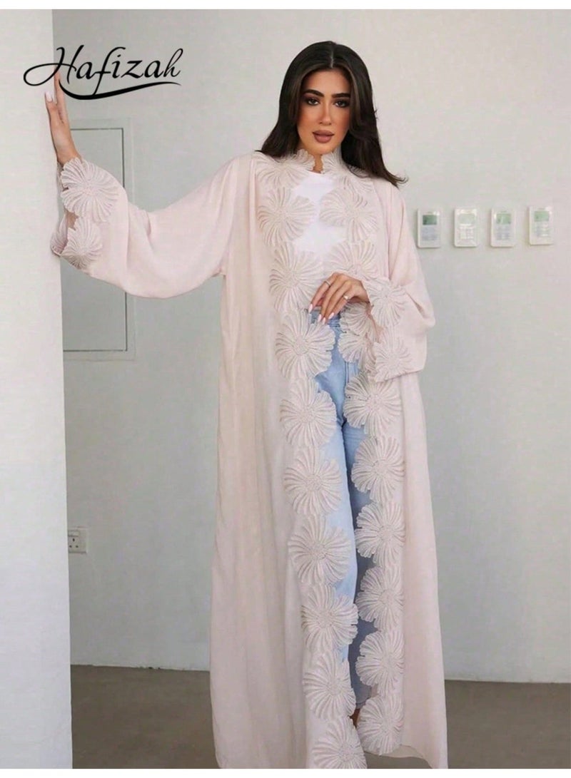 Hafizah Women's Beige Open Front Abaya Cardigan with 3D Floral Daisy Applique, Long Bell Sleeves - Image 1