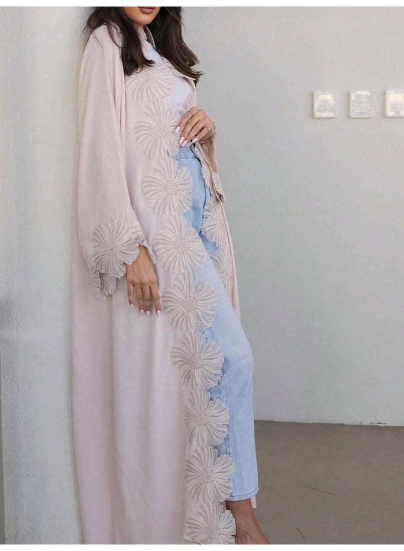 Hafizah Women's Beige Open Front Abaya Cardigan with 3D Floral Daisy Applique, Long Bell Sleeves - Image 2
