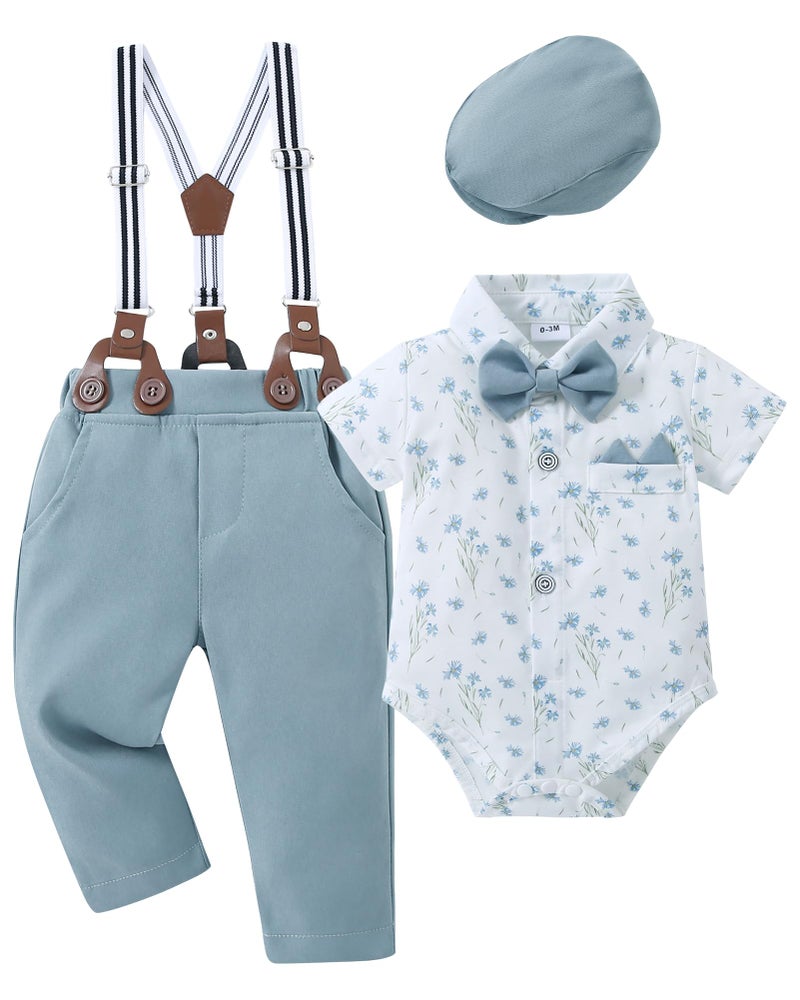 YALLET Baby Boy Clothes Set Infant Tuxedo Gentleman Suit Outfits Formal Dress Shirt Beret Hat Suspender Pants BowtieShort Sleeved White Flower 1218 Months - Image 2