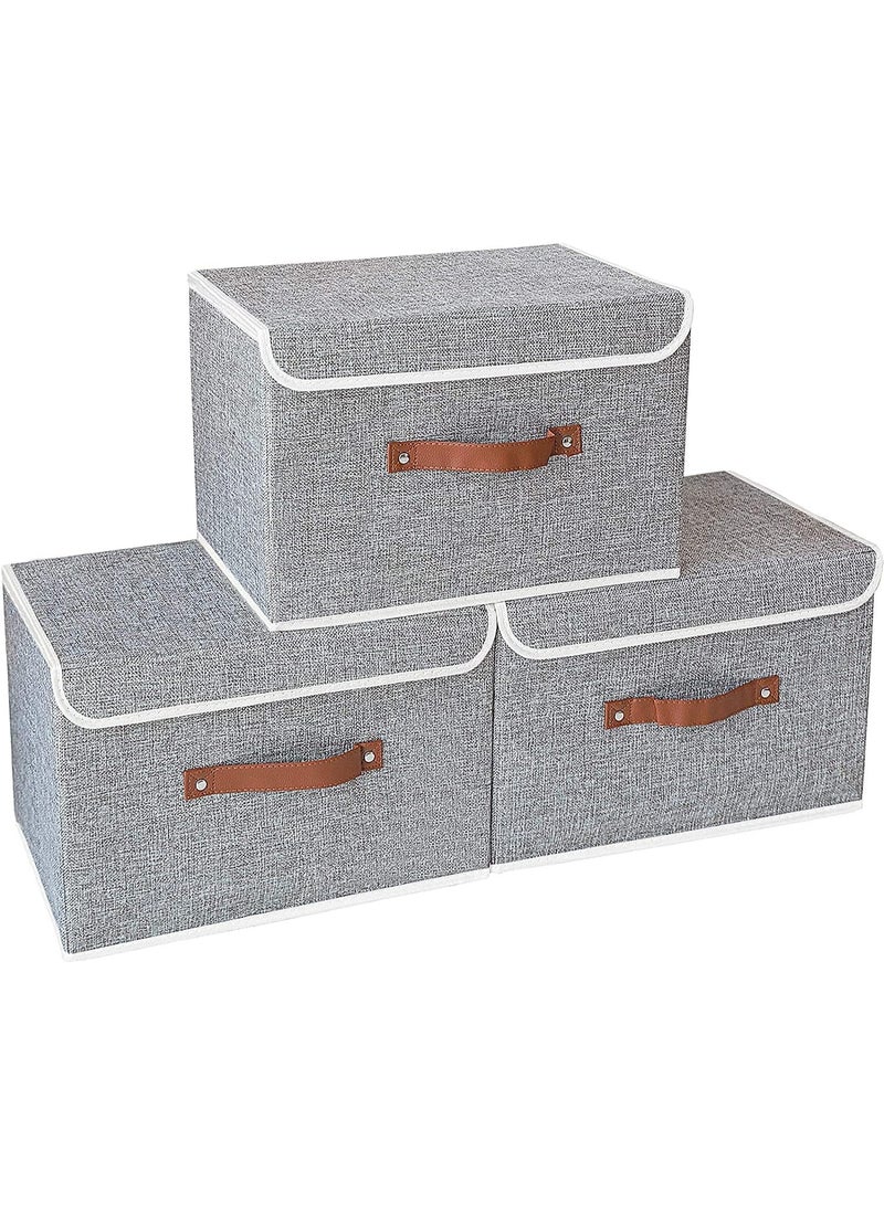 OHAHO Storage Bins with Lids 3 Pack, Collapsible Storage Box with Handle, for Organizing Toys, Clothes, Office, 38x25x25cm, Grey - Image 1