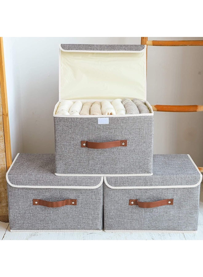 OHAHO Storage Bins with Lids 3 Pack, Collapsible Storage Box with Handle, for Organizing Toys, Clothes, Office, 38x25x25cm, Grey - Image 3
