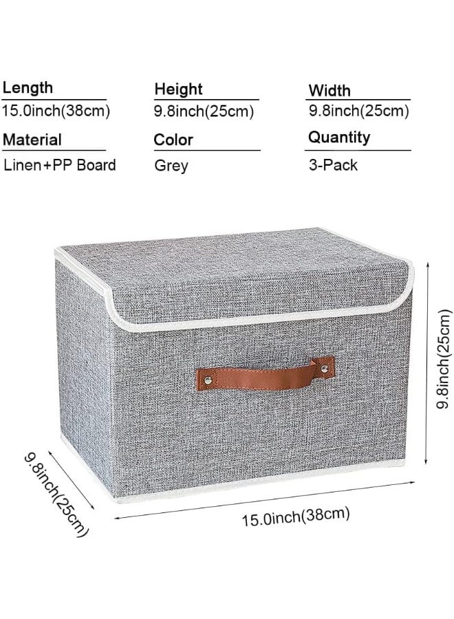 OHAHO Storage Bins with Lids 3 Pack, Collapsible Storage Box with Handle, for Organizing Toys, Clothes, Office, 38x25x25cm, Grey - Image 4