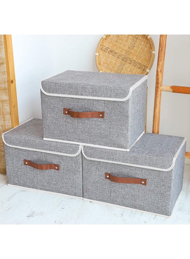 OHAHO Storage Bins with Lids 3 Pack, Collapsible Storage Box with Handle, for Organizing Toys, Clothes, Office, 38x25x25cm, Grey - Image 5