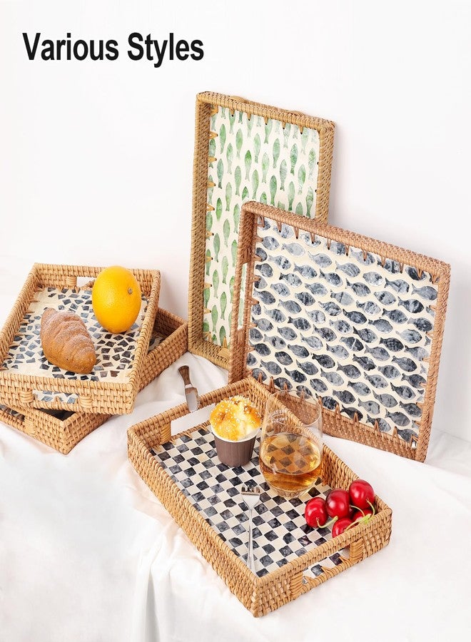 Tynulox Rectangle Rattan Tray with Mother of Pearl Inlay, Rattan Serving Tray with Handle for Coffee, Bread, Fruits, Snacks, Decorative Wicker Tray for Table Decor (Rectangle Checkerboard, 13"×9") - Image 2