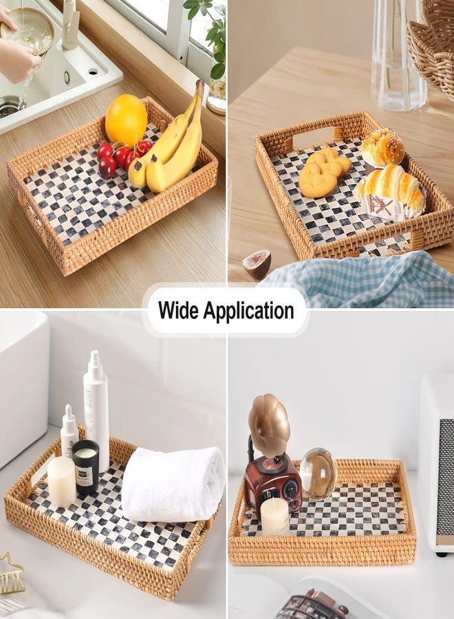 Tynulox Rectangle Rattan Tray with Mother of Pearl Inlay, Rattan Serving Tray with Handle for Coffee, Bread, Fruits, Snacks, Decorative Wicker Tray for Table Decor (Rectangle Checkerboard, 13"×9") - Image 3