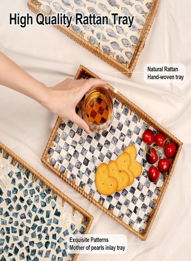 Tynulox Rectangle Rattan Tray with Mother of Pearl Inlay, Rattan Serving Tray with Handle for Coffee, Bread, Fruits, Snacks, Decorative Wicker Tray for Table Decor (Rectangle Checkerboard, 13"×9") - Image 4
