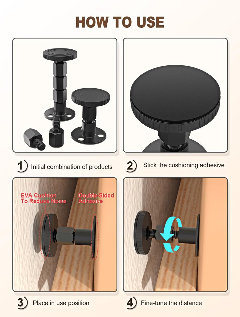 MERDTTES 4PCS Adjustable Threaded Bed Frame Anti-Shake Tool, Upgraded Headboard stoppers with Free Furniture Pads, Easy Installation Bedside Anti-Shake Tool for Headboards, Cabinets and Sofas, 1.18-4.13in - Image 4