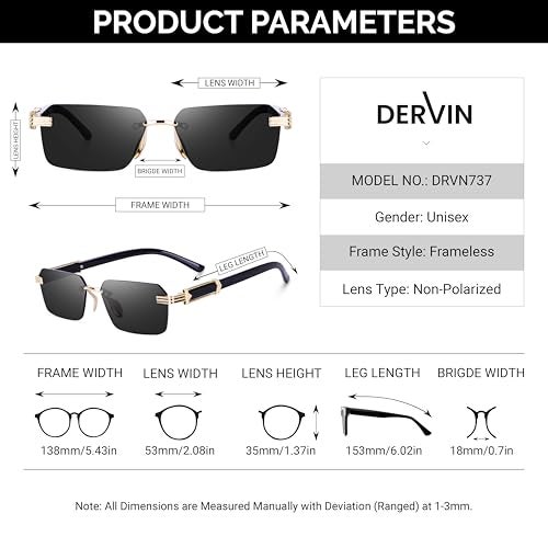 Dervin Rectangular Rimless Sunglasses for Men and Women (Black) - Image 5