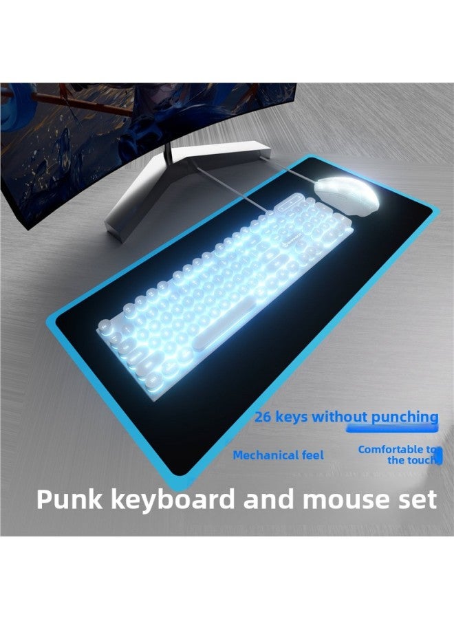 Punk Keyboard Mouse Suit Mechanical Feel Round Key Game Desktop Computer Notebook Office Typing USB Connection-Color:Green And White Characters Ice Blue Light Punk + 4d Mouse