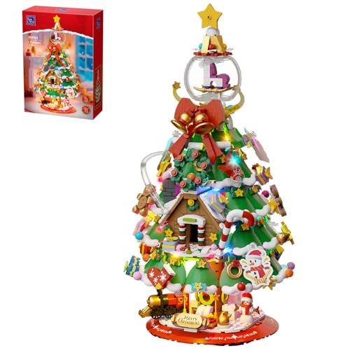PANTASY Christmas Tree Building Block SetLarge Holiday Model with Builtin LED LightsCrystal Ball Topper Vintage TrainSnowmanGingerbread House  Mini OrnamentsFestive Decoration for AdultsKids - Image 1