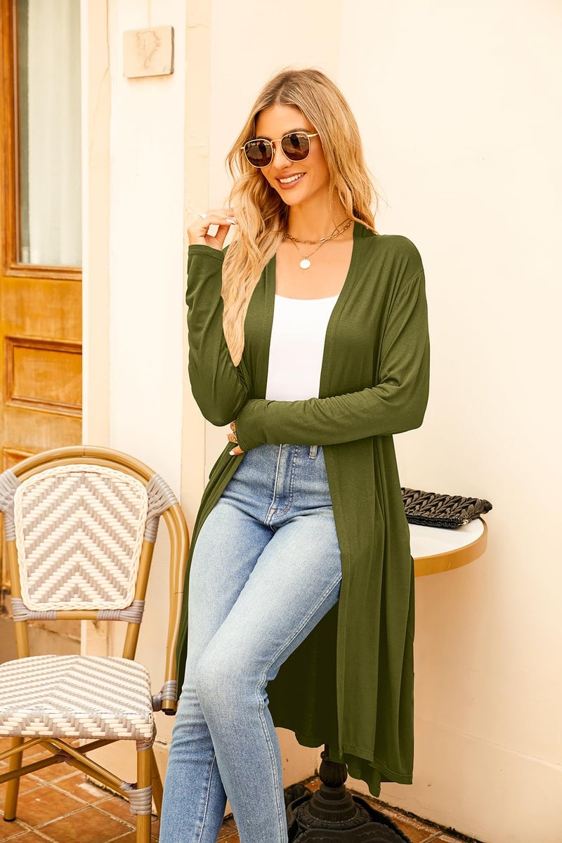 Newchoice Womens Open Front Long Sleeve Fall WinterTrendy Long Cardigan with Pockets (Army Green,M) - Image 4