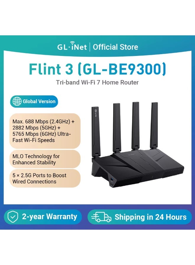 GL.iNet GL-BE9300 (Flint 3) Tri-Band WiFi 7 Router, High-Speed 6GHz Gaming WiFi Router for Wireless Internet, Long Range, 5 x 2.5G VPN Routers for Fiber Optic Modem, Computer Routers, Home & Business - Image 1