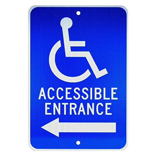 NMC TM150J ACCESSIBLE ENTRANCE – 12 in. x 18 in. Heavy Duty Reflective Aluminum Sign with Handicap Symbol and Left Arrow Graphic, White Text on Blue Base - Image 1