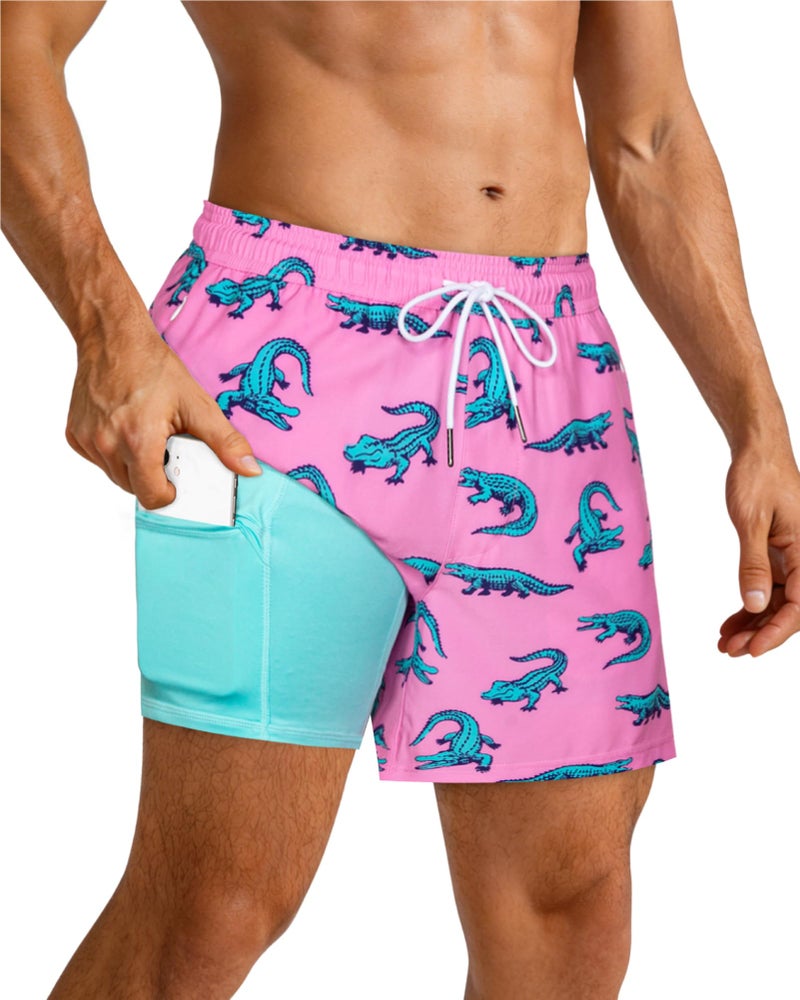 SURF CUZ Mens Swim Trunks with Compression Liner Mens Swimming Trunks 5 Inch Bathing Suit with Zipper Pockets Quick Dry Swim Shorts 01 A Pink Crocodile Medium - Image 2
