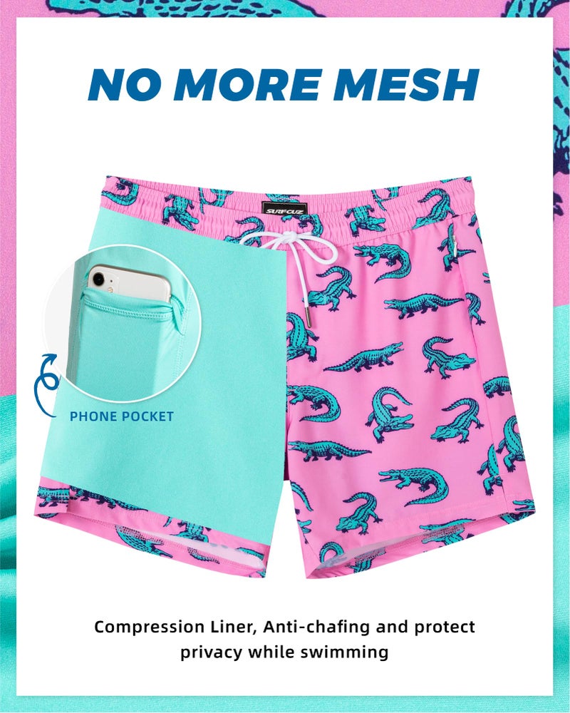 SURF CUZ Mens Swim Trunks with Compression Liner Mens Swimming Trunks 5 Inch Bathing Suit with Zipper Pockets Quick Dry Swim Shorts 01 A Pink Crocodile Medium - Image 4