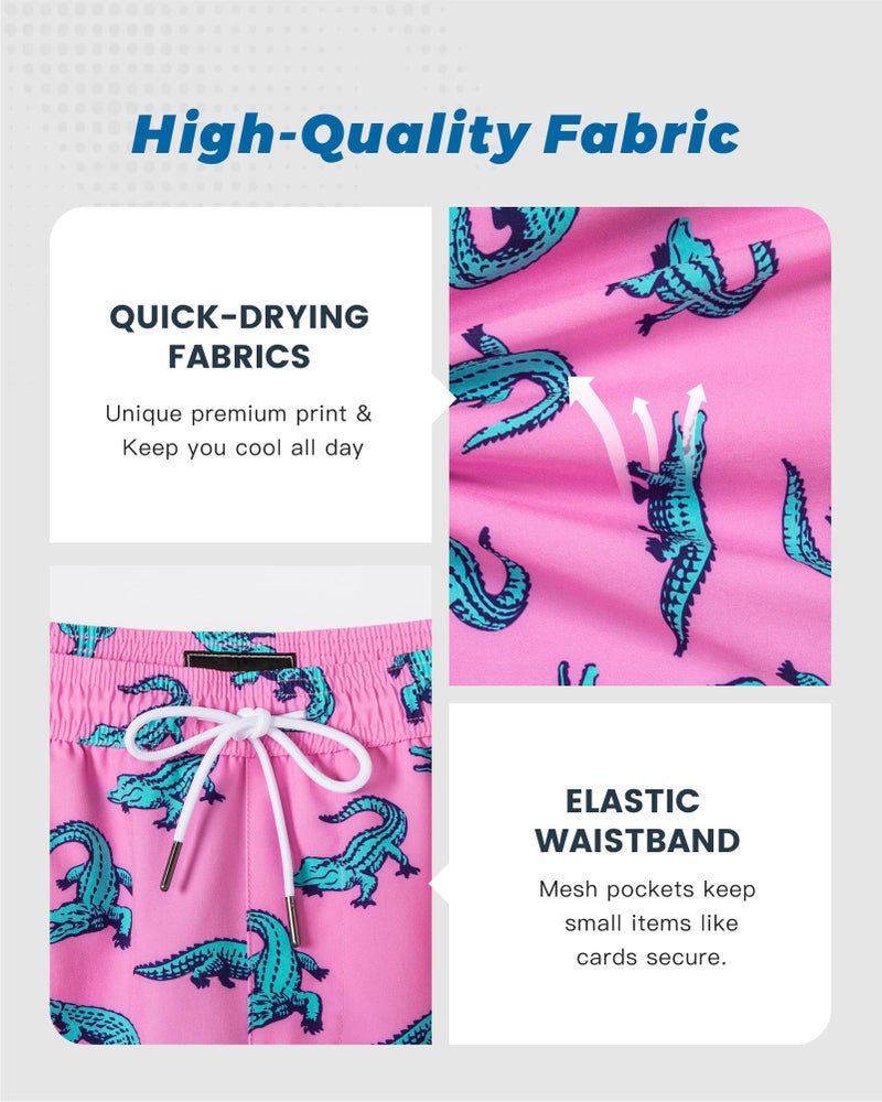 SURF CUZ Mens Swim Trunks with Compression Liner Mens Swimming Trunks 5 Inch Bathing Suit with Zipper Pockets Quick Dry Swim Shorts 01 A Pink Crocodile Medium - Image 5