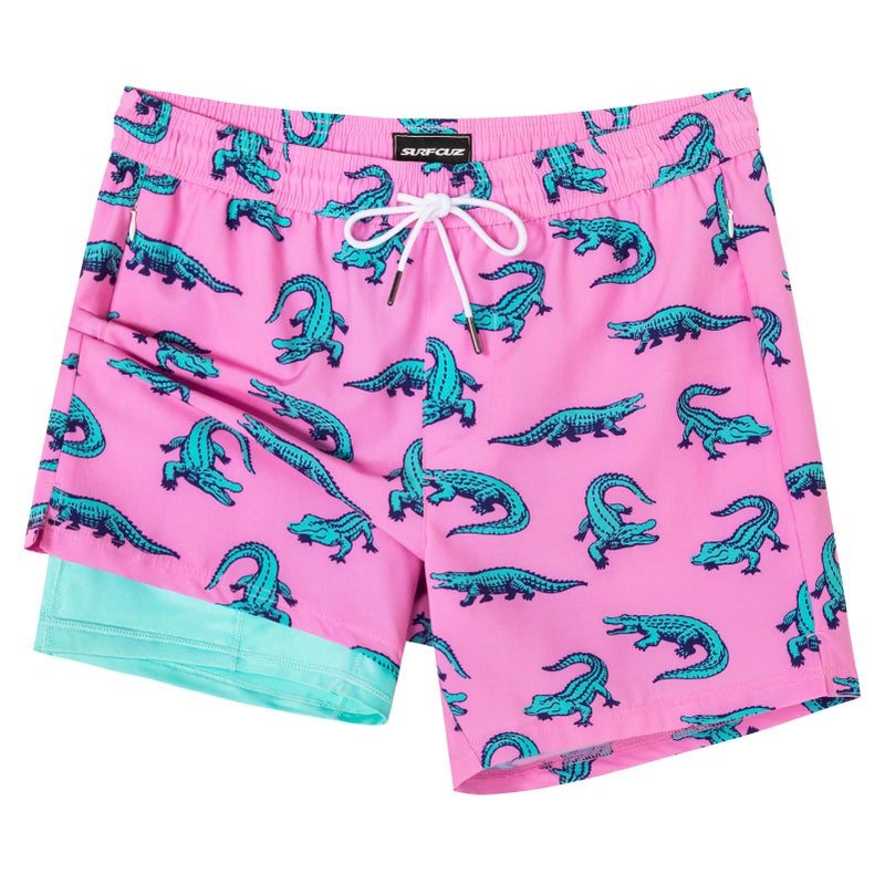 SURF CUZ Mens Swim Trunks with Compression Liner Mens Swimming Trunks 5 Inch Bathing Suit with Zipper Pockets Quick Dry Swim Shorts 01 A Pink Crocodile Medium - Image 1