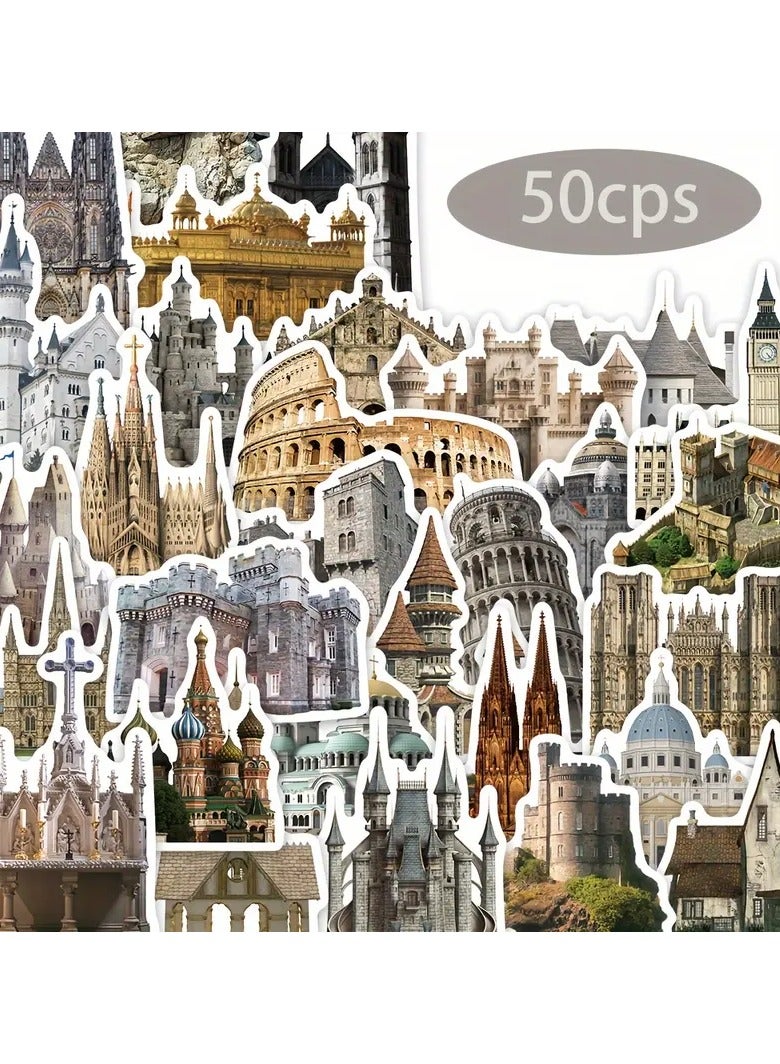 Goolsky 50Pcs Vintage Medieval Castle Landmark Architectural Stickers, Waterproof PVC Self-Adhesive Decals for Luggage, Room Decor, and Laptop, Irregular Shape with Matte Finish, Flower Patterned, Plastic Surface Compatible, Single Use. - Image 1