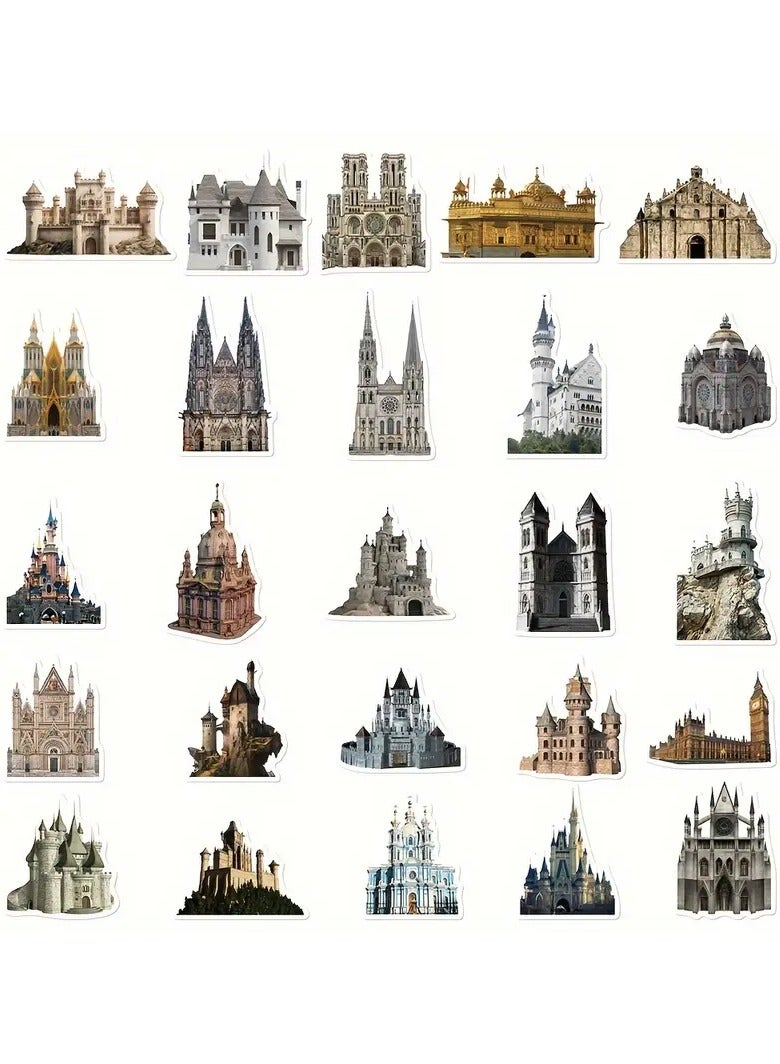 Goolsky 50Pcs Vintage Medieval Castle Landmark Architectural Stickers, Waterproof PVC Self-Adhesive Decals for Luggage, Room Decor, and Laptop, Irregular Shape with Matte Finish, Flower Patterned, Plastic Surface Compatible, Single Use. - Image 2
