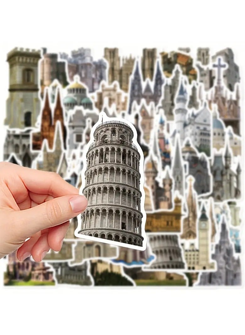 Goolsky 50Pcs Vintage Medieval Castle Landmark Architectural Stickers, Waterproof PVC Self-Adhesive Decals for Luggage, Room Decor, and Laptop, Irregular Shape with Matte Finish, Flower Patterned, Plastic Surface Compatible, Single Use. - Image 3