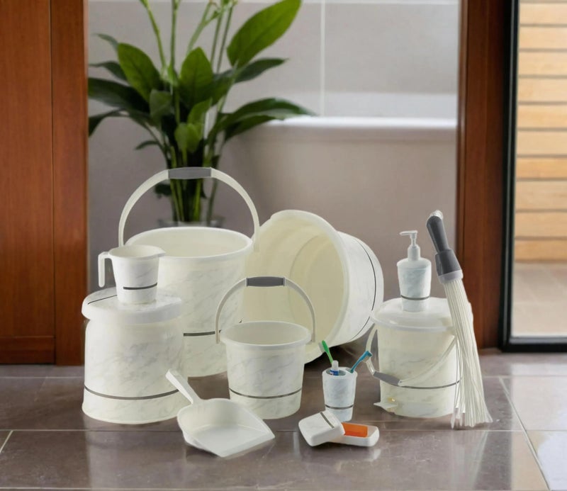 Nabhya مجموعة حمام فاخرة كاملة من نبهيا بلاستيك 11 قطعة وإكسسوارات للمنزل والمطبخ والحمام تشمل دلو سعة 20 لتر، حوض سعة 18 لتر، كرسي كبير، سلة مهملات، والمزيد بتشطيب جرانيت (أبيض) - Image 1