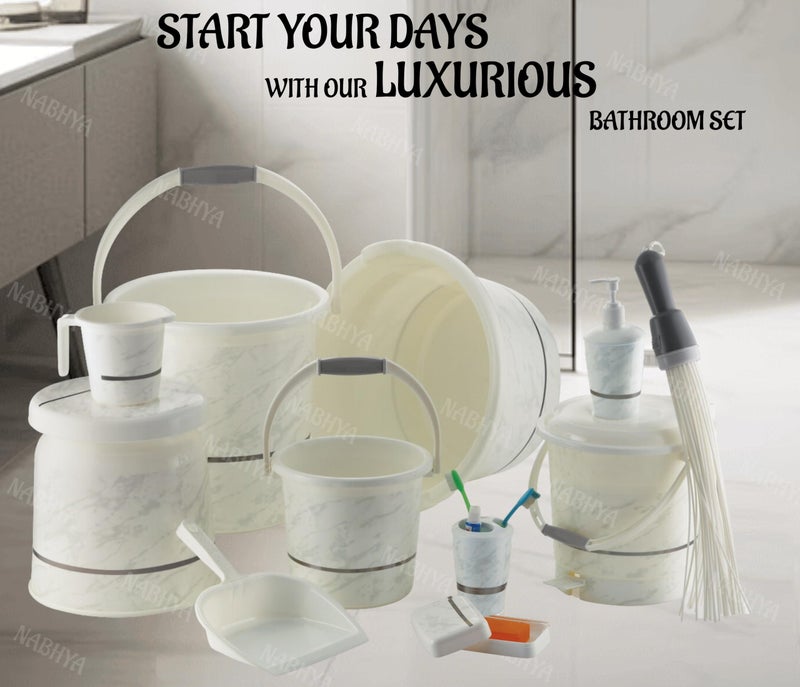 Nabhya مجموعة حمام فاخرة كاملة من نبهيا بلاستيك 11 قطعة وإكسسوارات للمنزل والمطبخ والحمام تشمل دلو سعة 20 لتر، حوض سعة 18 لتر، كرسي كبير، سلة مهملات، والمزيد بتشطيب جرانيت (أبيض) - Image 2