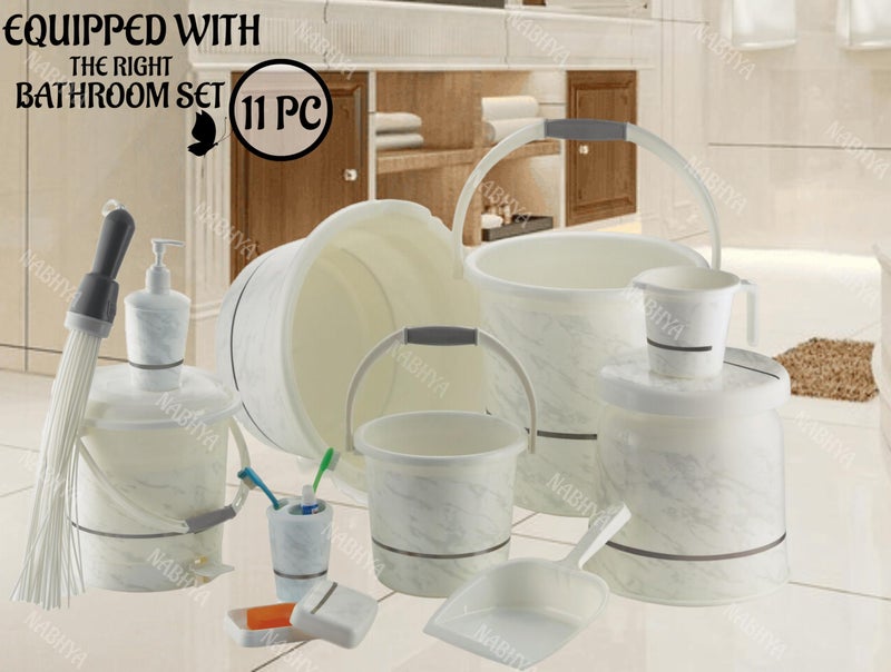 Nabhya مجموعة حمام فاخرة كاملة من نبهيا بلاستيك 11 قطعة وإكسسوارات للمنزل والمطبخ والحمام تشمل دلو سعة 20 لتر، حوض سعة 18 لتر، كرسي كبير، سلة مهملات، والمزيد بتشطيب جرانيت (أبيض) - Image 3