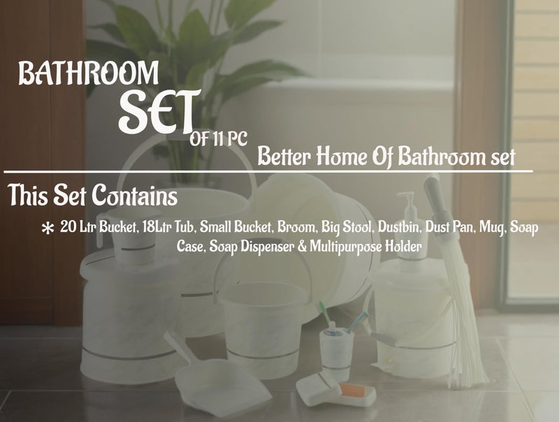 Nabhya مجموعة حمام فاخرة كاملة من نبهيا بلاستيك 11 قطعة وإكسسوارات للمنزل والمطبخ والحمام تشمل دلو سعة 20 لتر، حوض سعة 18 لتر، كرسي كبير، سلة مهملات، والمزيد بتشطيب جرانيت (أبيض) - Image 4