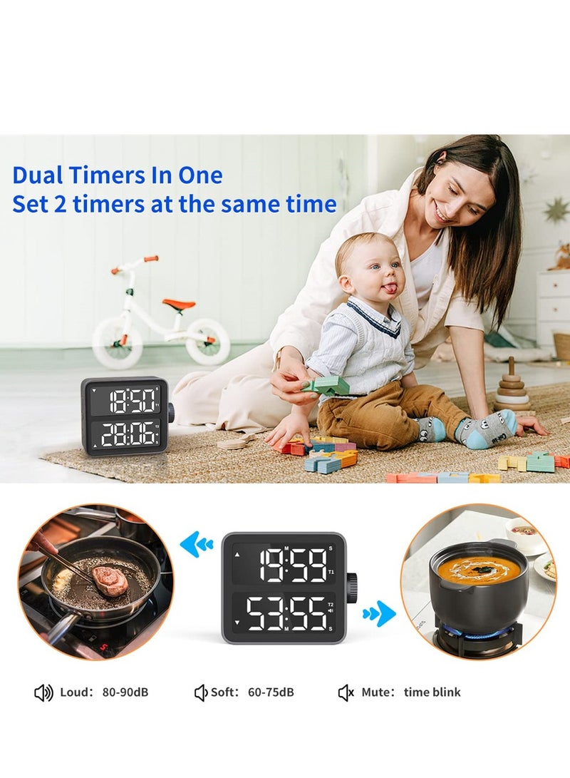 Luckam Dual Kitchen Timer with LED Display Dual Channel Countdown Stop Watch for Cooking Schools and Classrooms Magnetic Digital Timer - Image 3