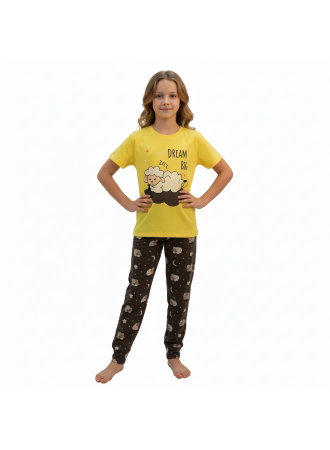 جوانا طقم بيجاما بناتي بطبعة احلم بشكل كبير، قميص بأكمام قصيرة وبنطال طويل، أصفر/رمادي - Image 3