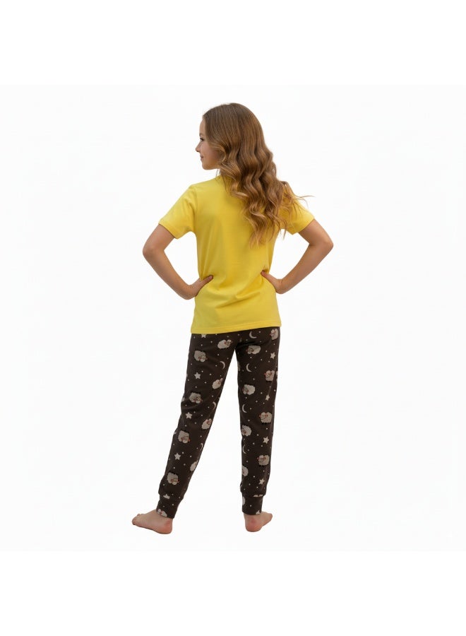 جوانا طقم بيجاما بناتي بطبعة احلم بشكل كبير، قميص بأكمام قصيرة وبنطال طويل، أصفر/رمادي - Image 5