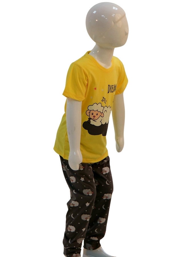 JOANNA JOANNA Girl's Dream Big Print Short Sleeve Shirt & Long Pants Pajama Set, Yellow/Grey - Image 4