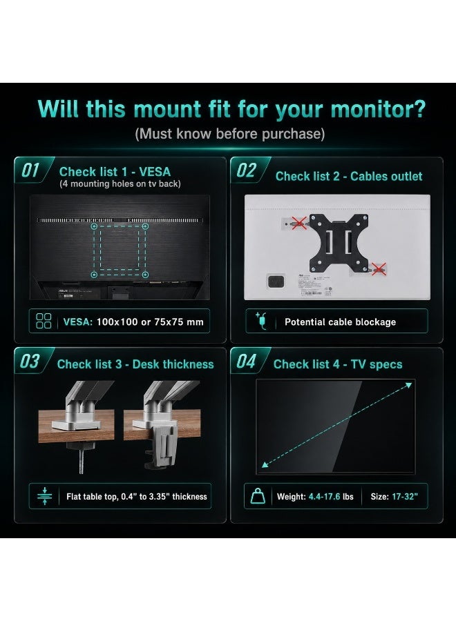 Dual Arm Monitor Stand - Height Adjustable Desk Mount for 2 Computer Screens 17 to 32 Inches - Each Arm Holds up to 8 kg, 360° Rotation, VESA 75/100mm - Image 3