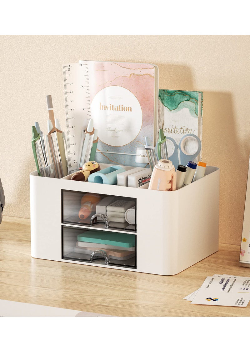 SYOSI Desk Organizer Set - Premium Storage Solution for Office, Home, and School Supplies - Includes 3 Compartments, 2 Drawers, Pencil Holders, Sticky Note Tray, and Marker Organizer - White  - Image 3