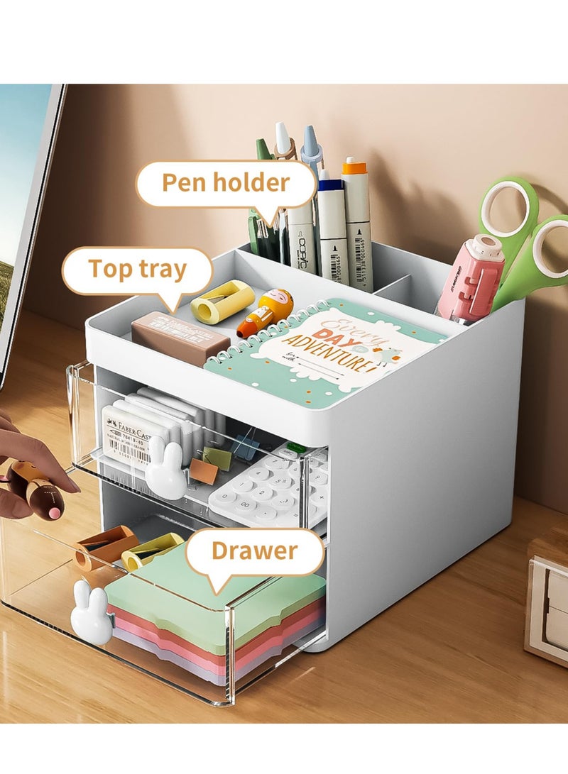 SYOSI Desk Organizer Set - Premium Storage Solution for Office, Home, and School Supplies - Includes 3 Compartments, 2 Drawers, Pencil Holders, Sticky Note Tray, and Marker Organizer - White  - Image 5