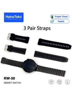 هينو تيكو ساعة ذكية HainoTeko RW 50 مقاس سوبر ماكس منحني AMOLED وإشعارات وقت الصلاة و3 أزواج من الأشرطة مصممة للرجال باللون الأسود  - Image 4