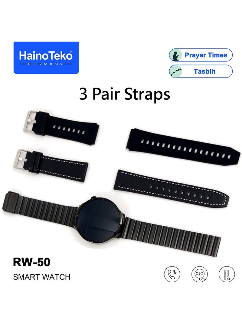 Haino Teko - HainoTeko RW 50 Smart Watch Super Max Size Curved AMOLED Display Prayer Time Notifications and 3 Pair Strap Designed for Men Black - Image 1