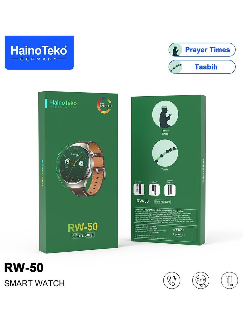 Haino Teko - HainoTeko RW 50 Smart Watch Super Max Size Curved AMOLED Display Prayer Time Notifications and 3 Pair Strap Designed for Men Black - Image 1