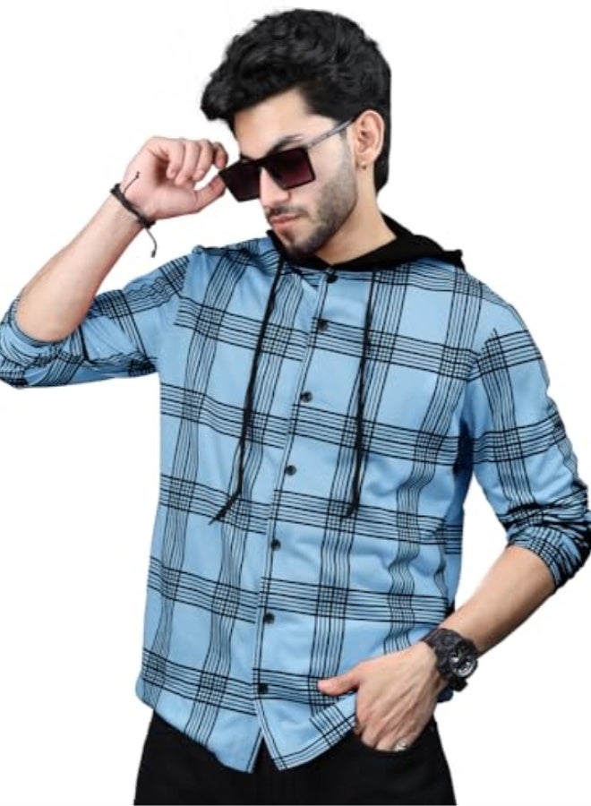 eyebogler Mens Checkered Hooded Neck Full Sleeve T-Shirt - Image 1