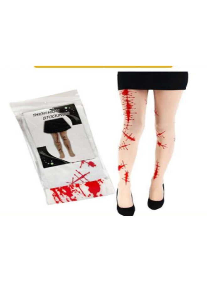 جوارب مثقوبة مخيطة للهالوين - تأثير رعب بلون البشرة مع خياطة حمراء واقعية وطباعة ندبة، ملابس ساق مرعبة للساحرات والزومبي والد dolls المرعبة - Image 3