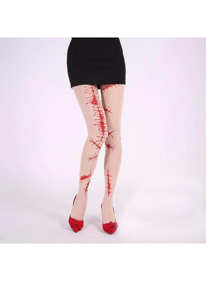 جوارب مثقوبة مخيطة للهالوين - تأثير رعب بلون البشرة مع خياطة حمراء واقعية وطباعة ندبة، ملابس ساق مرعبة للساحرات والزومبي والد dolls المرعبة - Image 2