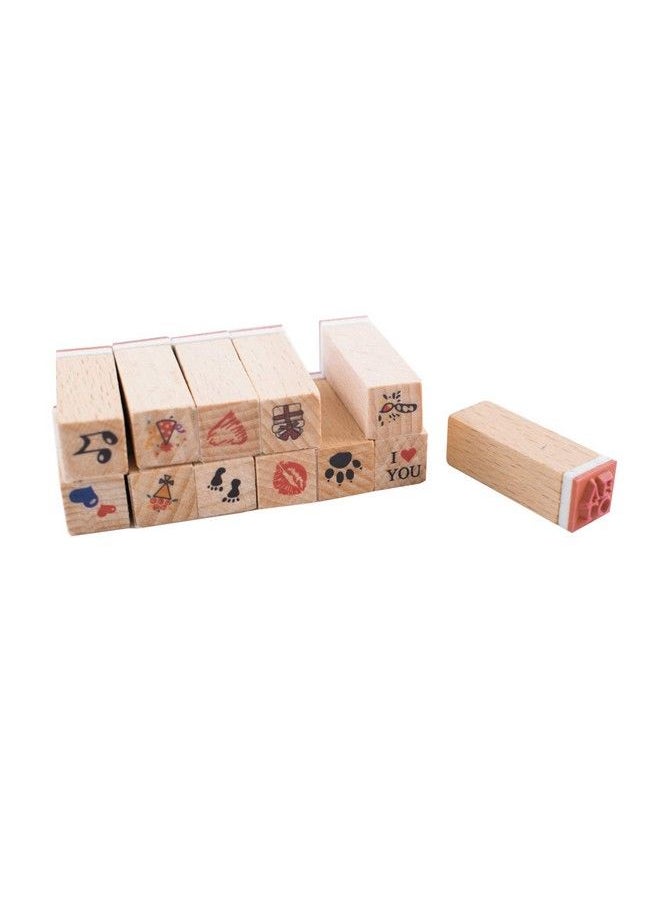 Hiyoo - Wood Diy Rubber Stamp Set Scrapbook Hobby Craft Art Stamps Love Red Heart Music Note Footprint Flower Fire And More Set Of 12 Pcs - Image 1