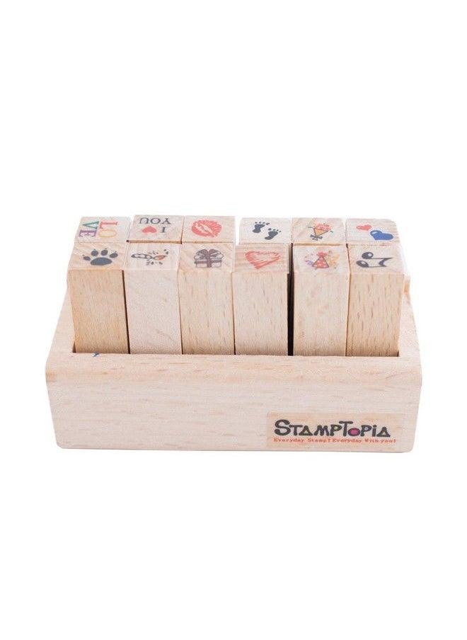 Hiyoo - Wood Diy Rubber Stamp Set Scrapbook Hobby Craft Art Stamps Love Red Heart Music Note Footprint Flower Fire And More Set Of 12 Pcs - Image 1
