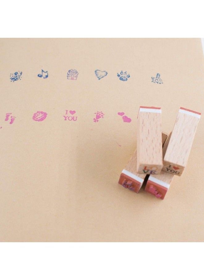 Hiyoo - Wood Diy Rubber Stamp Set Scrapbook Hobby Craft Art Stamps Love Red Heart Music Note Footprint Flower Fire And More Set Of 12 Pcs - Image 1