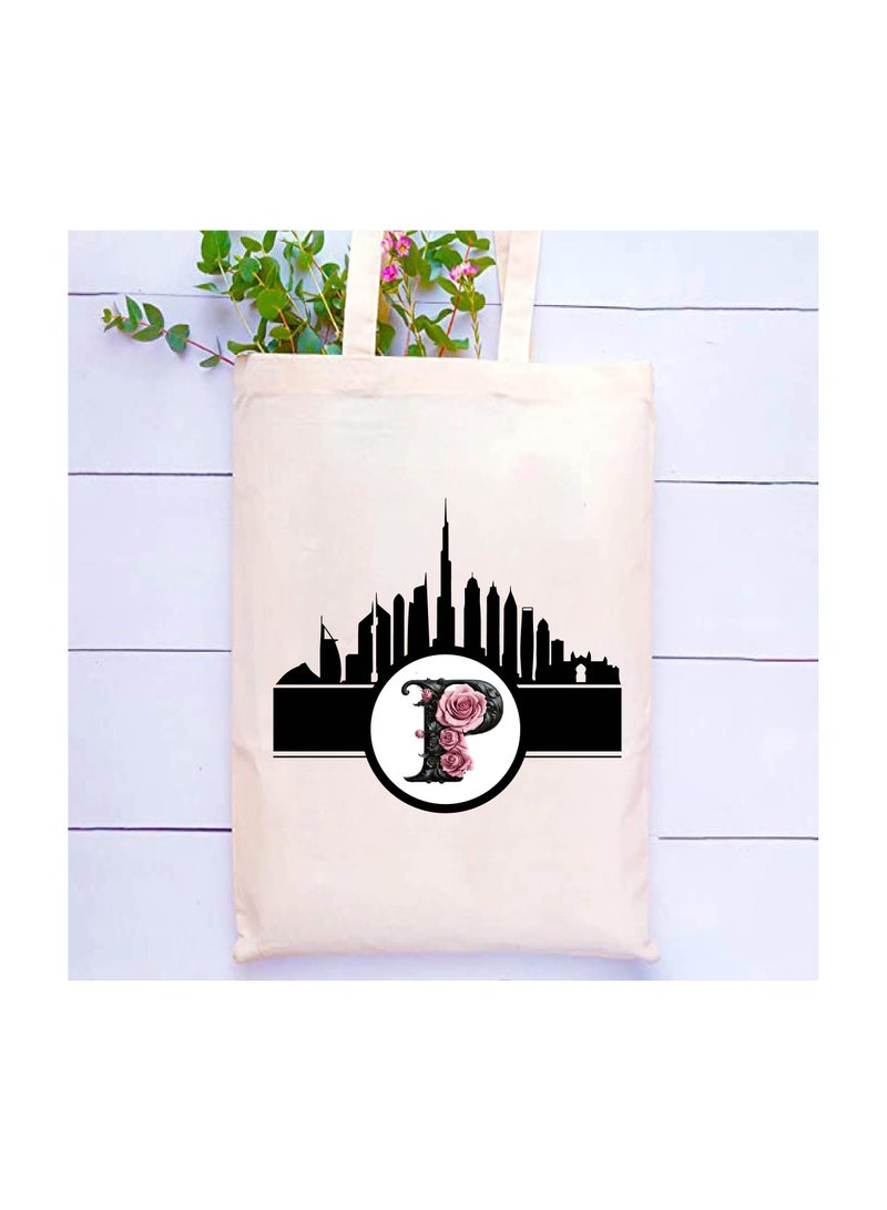 PRINTSHOP4ME Initial Monogram Cotton Tote Bag With Dubai Skyline Theme - Image 2