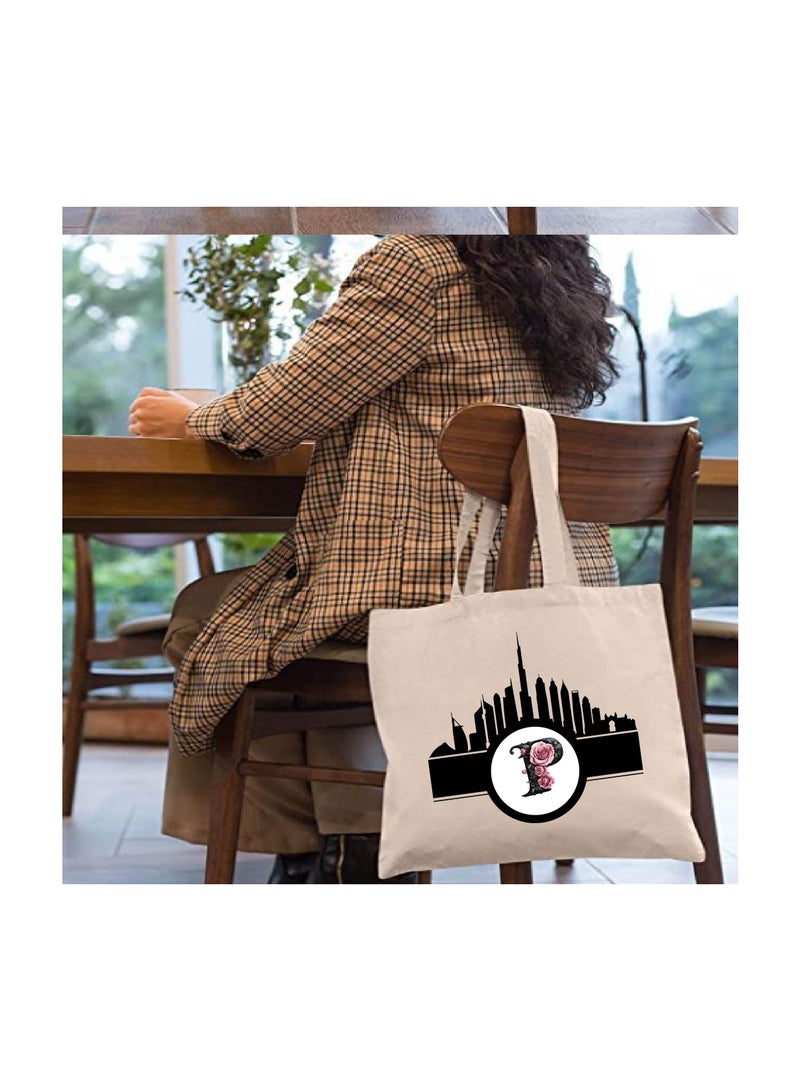 PRINTSHOP4ME Initial Monogram Cotton Tote Bag With Dubai Skyline Theme - Image 3