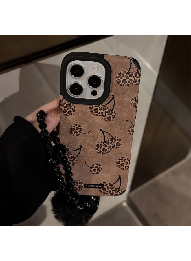 NIBEMINENT Leopard Printed Small Cherries With Pomponed Black Bead String Protective TPU Case Cover For iPhone 15 Pro Max, Black