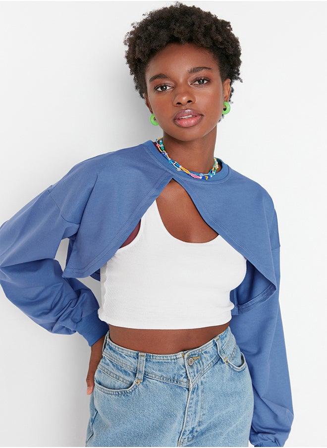 trendyol Indigo Asymmetric Super Crop Crew Neck Thin Knitted Sweatshirt TWOAW23SW00531  - Image 1