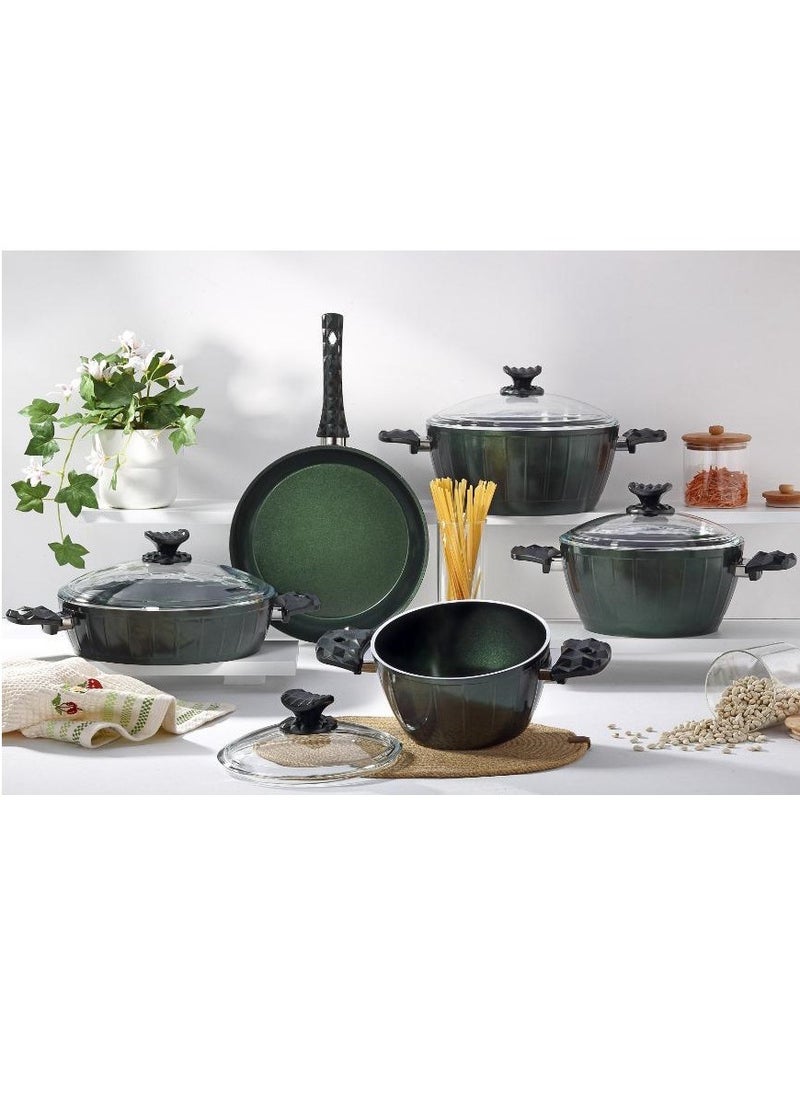Homemaker 9-Piece Farah Cookware Set - Tempered Glass Lids - 3 Deep Pots - 1 Low Pot - 1 Frypan - Non-Stick Ceramic Surface - PFOA Free - Green  - Image 1