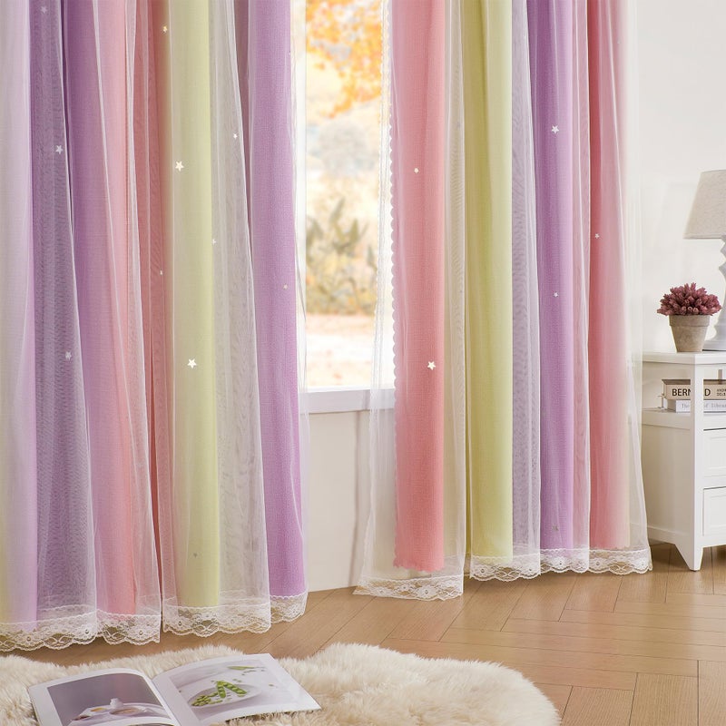 XiDi Pink Yellow Curtains for Bedroom Decor Blackout Curtains for Girls Kids Room Rainbow Unicorn Wall Decals 34X63 Inch Long 1 Panel - Image 3